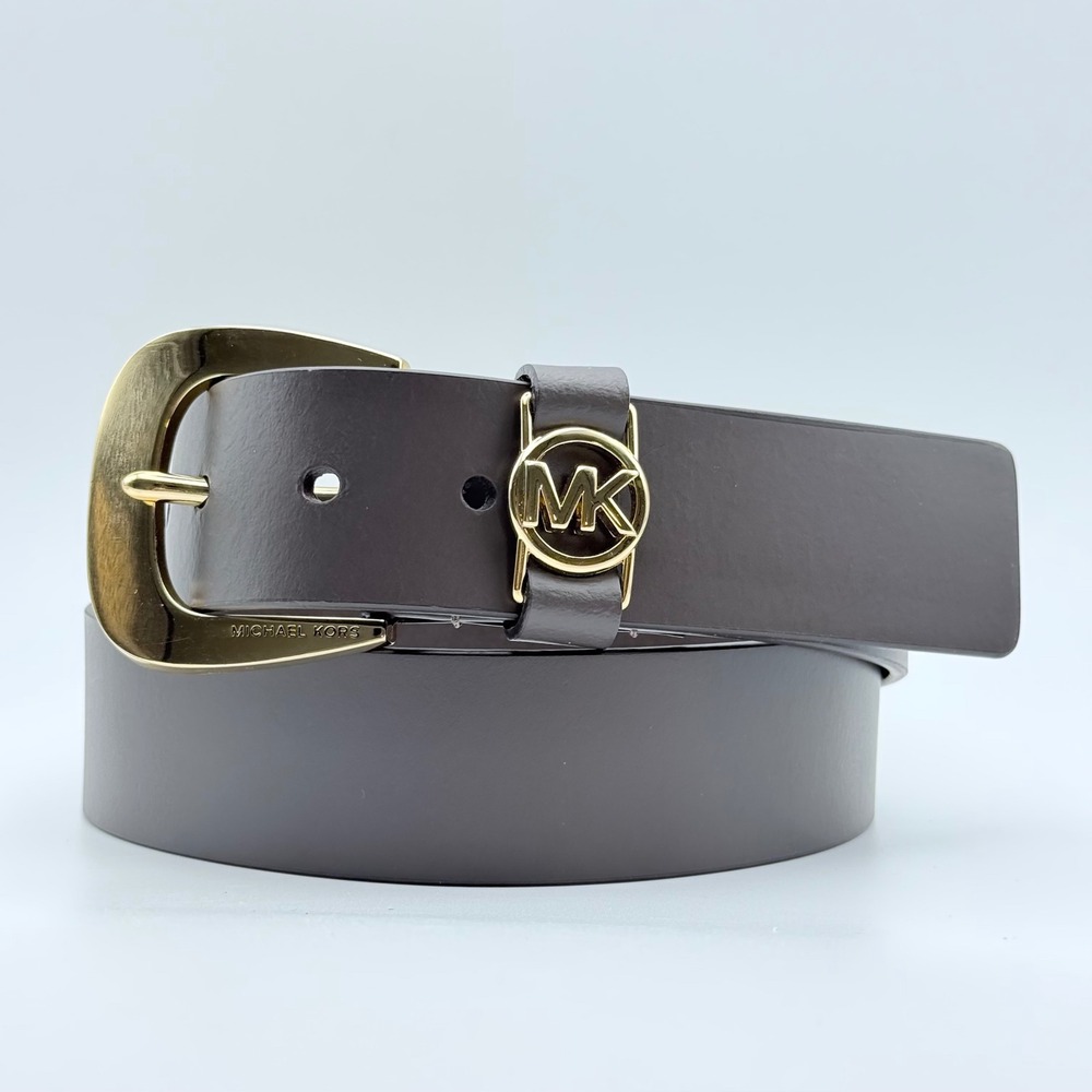 Michael Kors Brown Genuine Leather Gold MK Logo Wide Belt Size Medium New